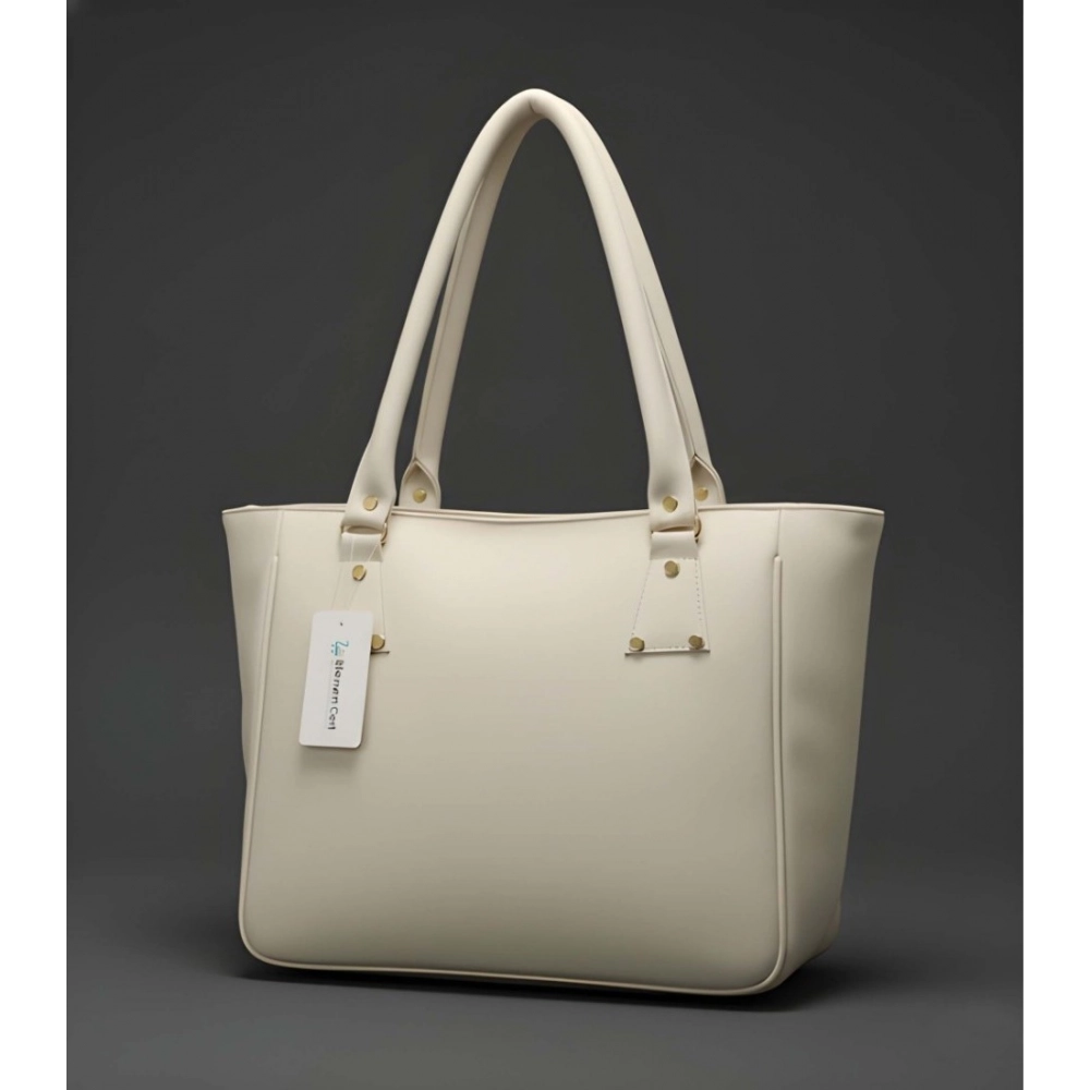 Women's PU Leather Solid Shoulder Zipper Handbag (Cream)