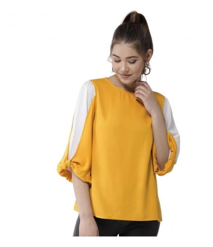 Women's Polyester Colour Block Slit Sleeve Top (Yellow-White)