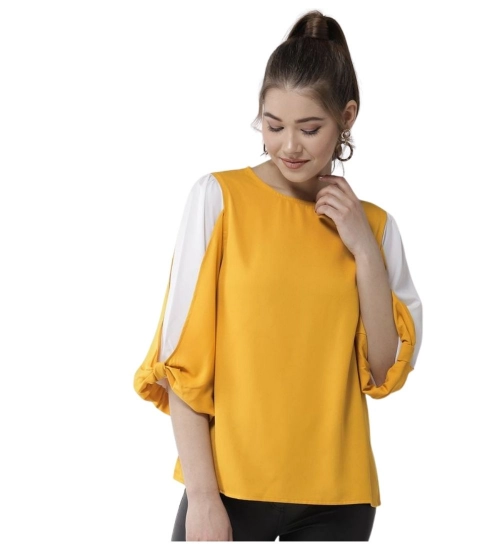 Women's Polyester Colour Block Slit Sleeve Top (Yellow-White)