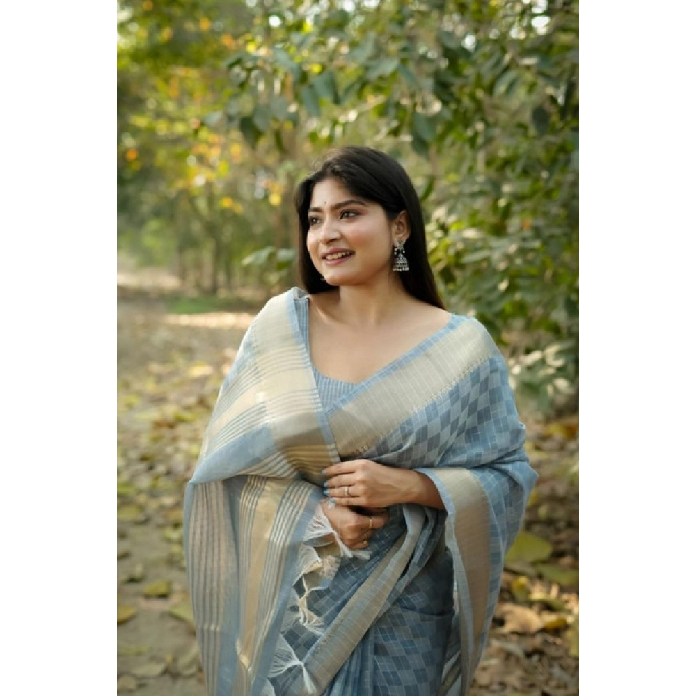Women's Silk_Blend Checked Saree With Unstitched Blouse 5.5Mtr (Sky_Blue)
