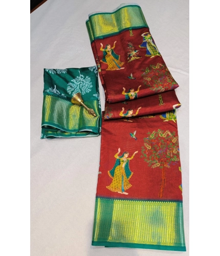 Women's Digital Dolla Silk Printed Saree With Unstitched Blouse 5.5Mtr (Brown)