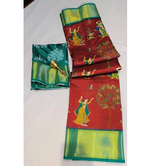 Women's Digital Dolla Silk Printed Saree With Unstitched Blouse 5.5Mtr (Brown)