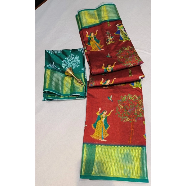 Dropship Women's Digital Dolla Silk Printed Saree With Unstitched Blouse 5.5Mtr (Brown)