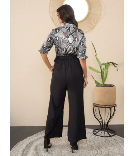 Women's Satin And Polyester Floral Half Sleeves Jumpsuit (Grey - Black)
