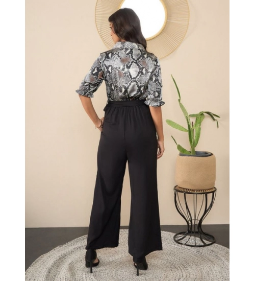 Women's Satin And Polyester Floral Half Sleeves Jumpsuit (Grey - Black)