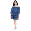 Girl's Denim Solid Off Shoulder Dress (Blue)