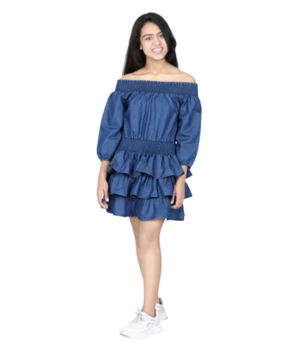 Girl's Denim Solid Off Shoulder Dress (Blue)