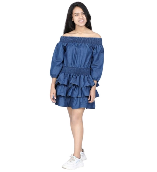 Girl's Denim Solid Off Shoulder Dress (Blue)