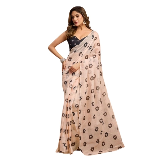 Women's Linen Cotton Printed Ready To Wear Saree With Unstitched Blouse 5.5 Mtr (Light_Peach)