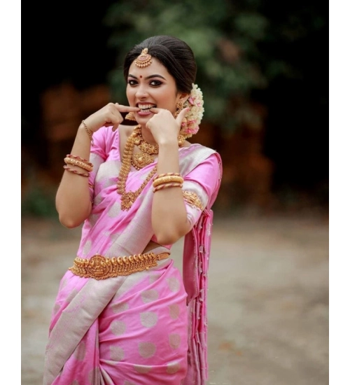 Women's Soft Lichi Silk Printed Saree With Unstitched Blouse 5.5Mtr (Pink)