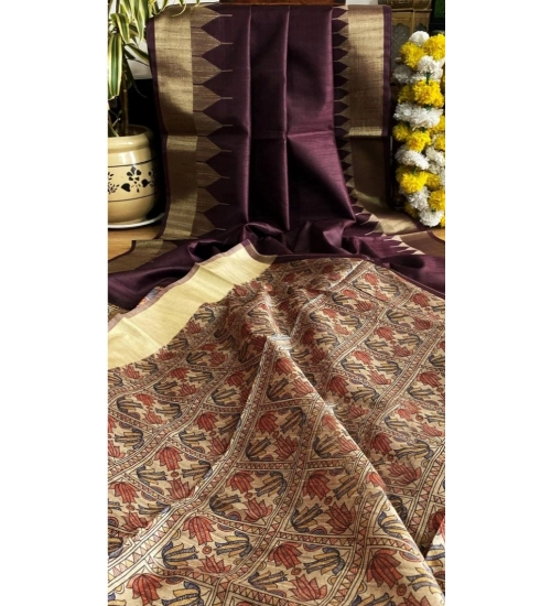 Women's Tussar Silk Madhubani Saree With Unstitched Blouse 5.5Mtr (Coffee)
