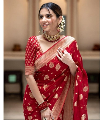 Women's Soft Lichi Silk Printed Saree With Unstitched Blouse 5.5Mtr (Red)