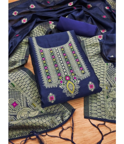 Women's Banarasi Silk Printed Unstitched Salwar Suit Material With Dupatta (Navy Blue, 3Mtrs)