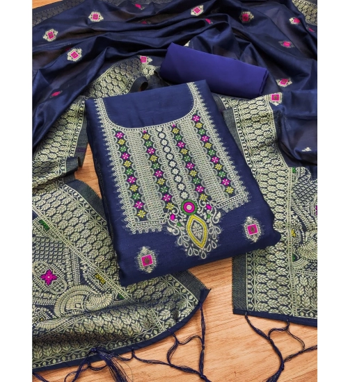 Women's Banarasi Silk Printed Unstitched Salwar Suit Material With Dupatta (Navy Blue, 3Mtrs)