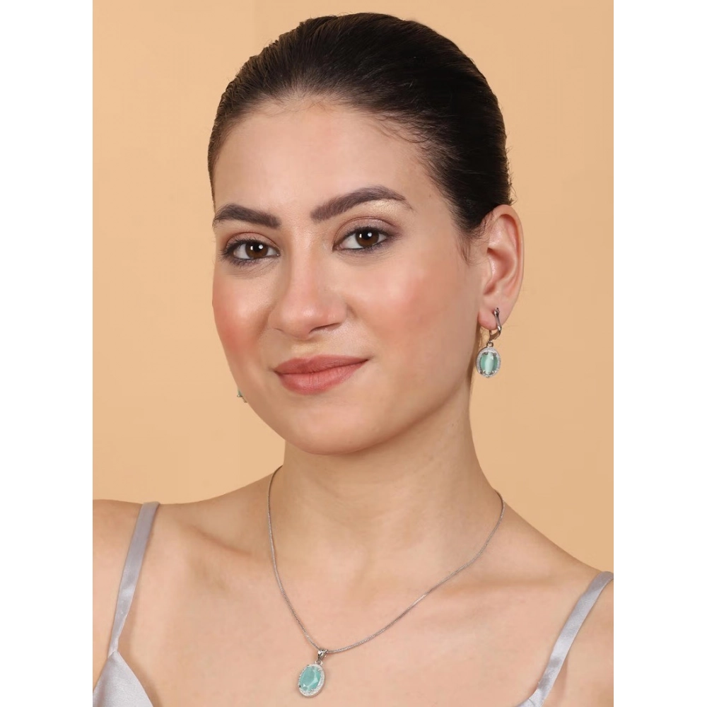 Women's Brass Silver Plated Pendant Set (Turquoise)
