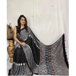 Women's Satin Printed Saree With Unstitched Blouse 5.5Mtr (Black)