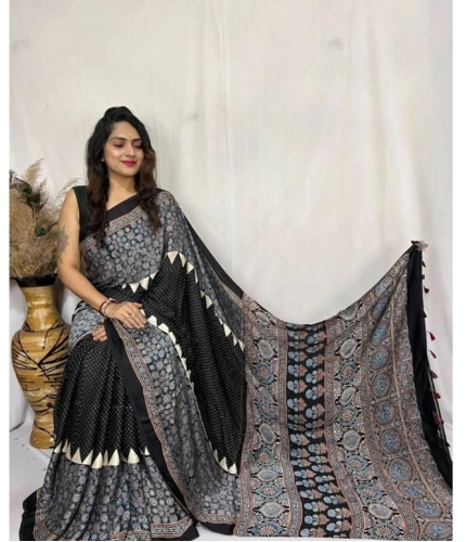 Women's Satin Printed Saree With Unstitched Blouse 5.5Mtr (Black)