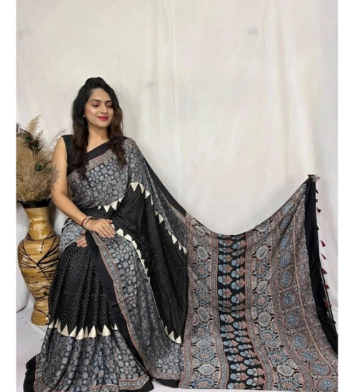 Women's Satin Printed Saree With Unstitched Blouse 5.5Mtr (Black)