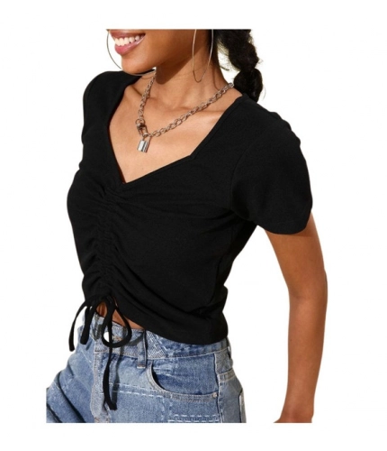 Women's Polyester Lycra Solid Short Sleeve Top (Black)