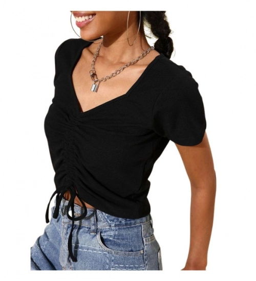 Women's Polyester Lycra Solid Short Sleeve Top (Black)