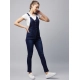 Women's Denim Lycra Solid Buttoned Dungaree (Navy)
