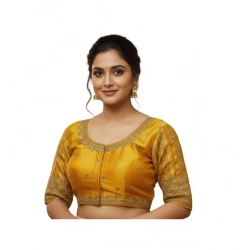 Women's Phantom Silk Embroidered Designer Neck Padded Blouse (Mustard 38 Ready (Alterable up to 42)