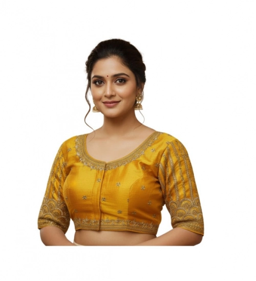 Women's Phantom Silk Embroidered Designer Neck Padded Blouse (Mustard 38 Ready (Alterable up to 42)