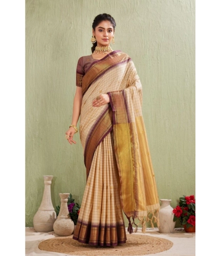 Women's Silk Blended Jaquard Woven Saree With Unstitched Blouse 5.5Mtr (Beige)