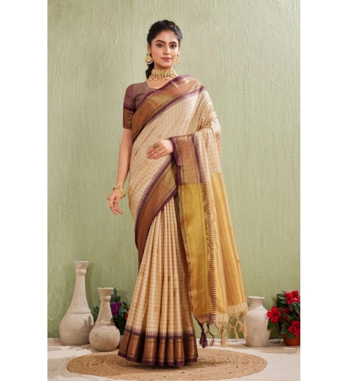 Women's Silk Blended Jaquard Woven Saree With Unstitched Blouse 5.5Mtr (Beige)