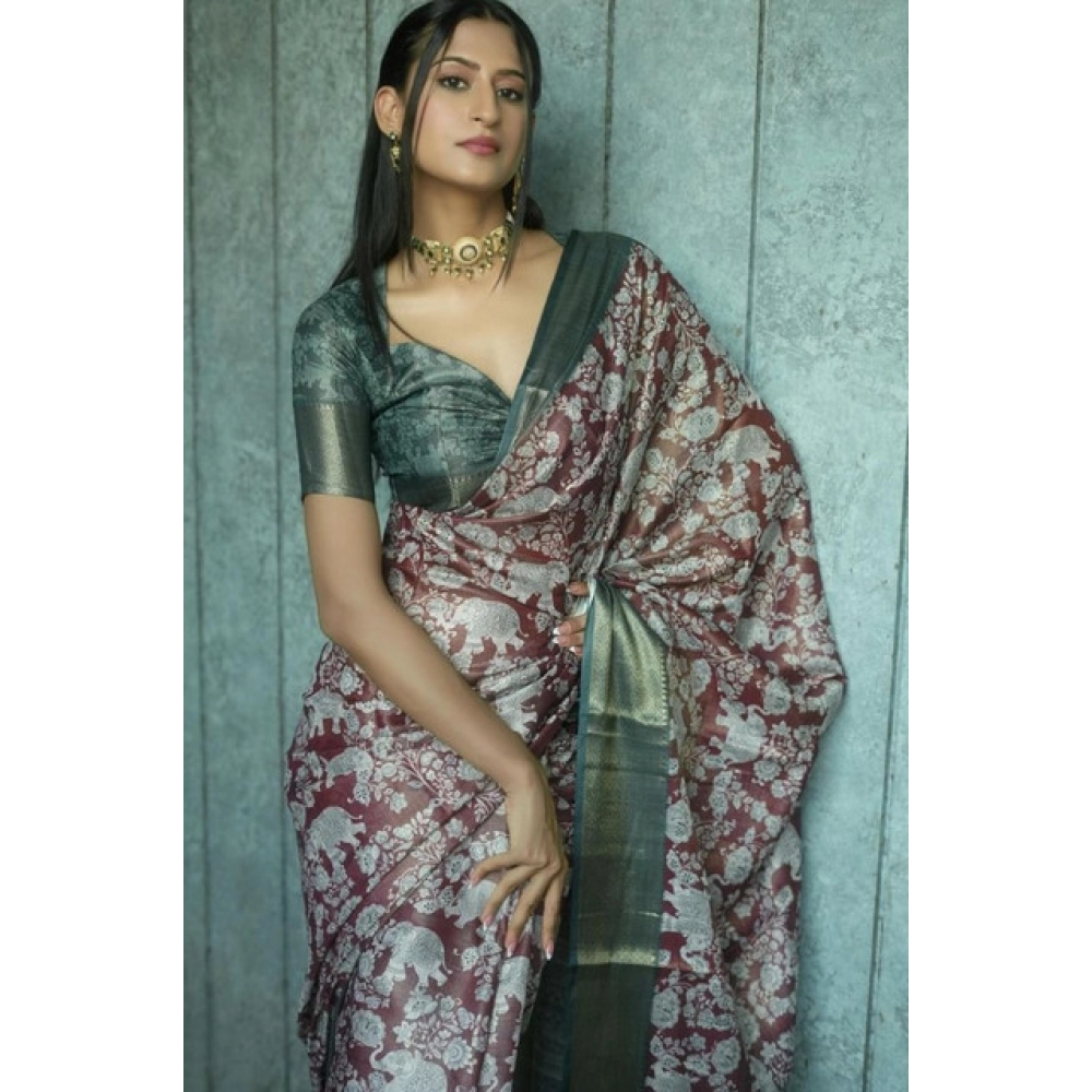Women's Polyester Printed Saree With Unstitched Blouse 5.5 Mtr (Maroon)
