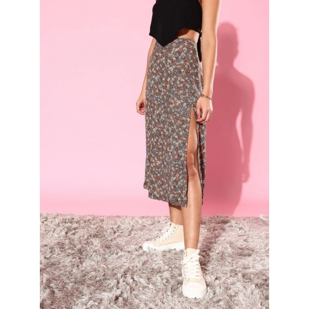 Women's Polyester Floral Side Zip Skirt (Grey - Coral)
