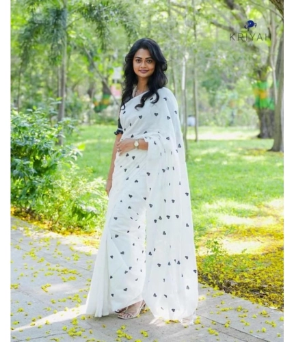 Women's Linen Printed Saree With Unstitched Blouse 5.5Mtr (White)