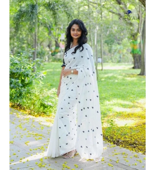 Women's Linen Printed Saree With Unstitched Blouse 5.5Mtr (White)
