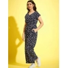 Girl's Polyester Moss Floral Short Sleeves Jumpsuit (Navy-white)