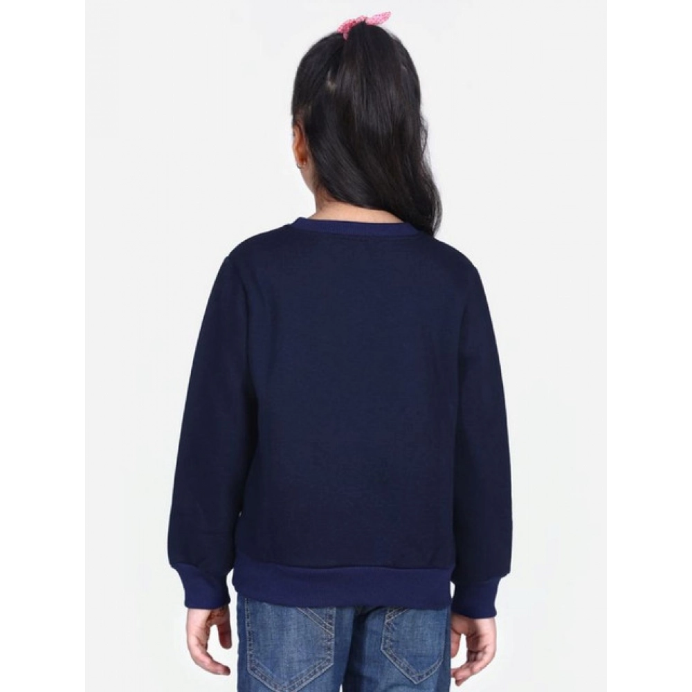 Girl's Fleece Embellished Long Sleeves Sweatshirt (Navy Blue)