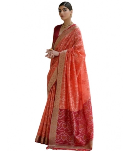 Women's Silk_Blend Ethnic Ikat Pattern Saree With Unstitched Blouse 5.5Mtr (Orange)