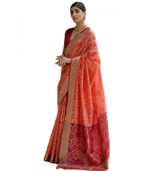 Women's Silk_Blend Ethnic Ikat Pattern Saree With Unstitched Blouse 5.5Mtr (Orange)