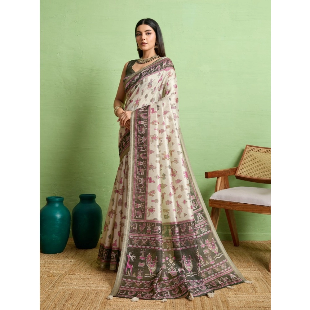 Women's Silk Blend Printed Saree With Unstitched Blouse 5.5Mtr (Off White) Women's Silk Blend Printed Saree With Unstitched Blouse 5.5Mtr (Off White)