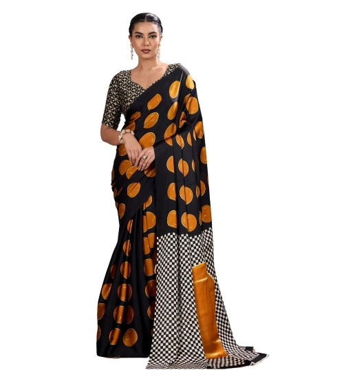 Women's Satin Crepe Printed Saree With Unstitched Blouse 5.5Mtr (Mustard)