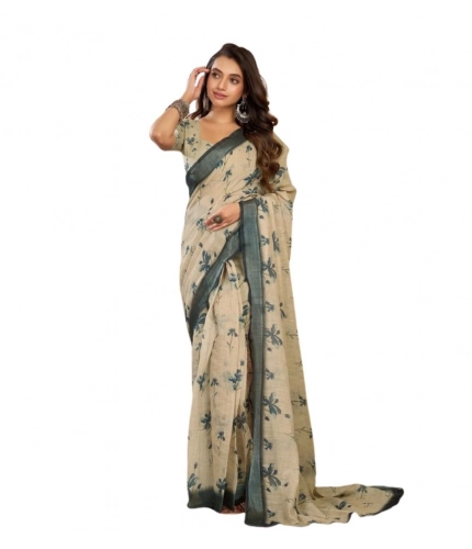 Women's Faux Linen Floral Print Ready to wear Saree With Unstitched Blouse 5.5Mtr (LightBeige)