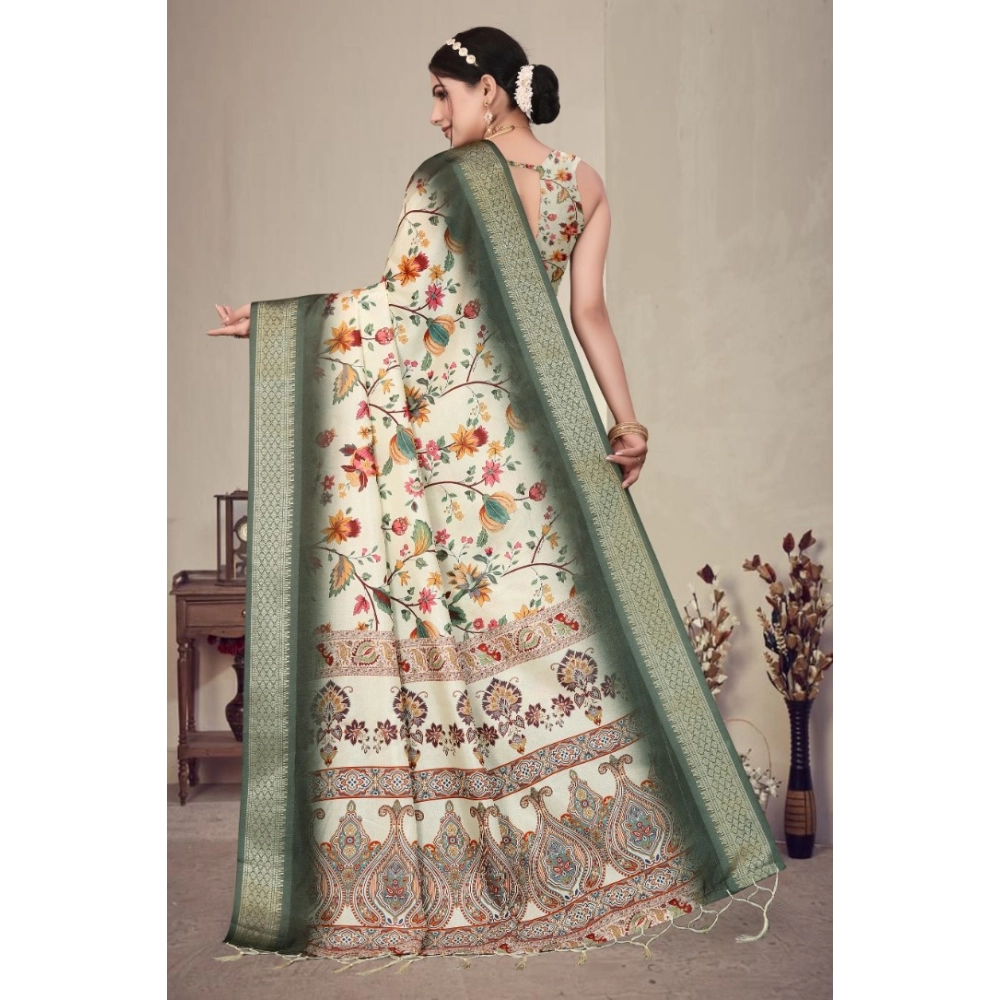 Women's Cotton Silk  Printed Saree With Unstitched Blouse 5.5Mtr (Green)