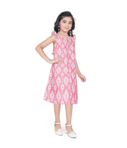 Girl's Cotton Printed Sleeve Less Squre Neck Dress (Pink)