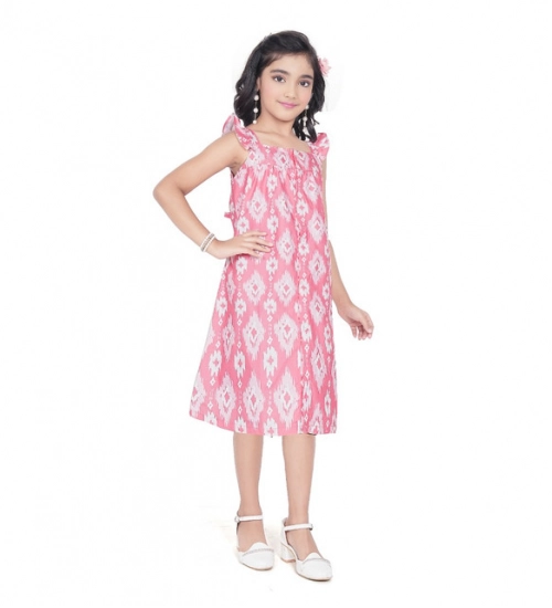 Girl's Cotton Printed Sleeve Less Squre Neck Dress (Pink) Girl's Cotton Printed Sleeve Less Squre Neck Dress (Pink)