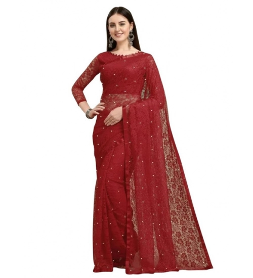 Women's Net Self Design Saree With Unstitched Blouse 5.5Mtr (Maroon)