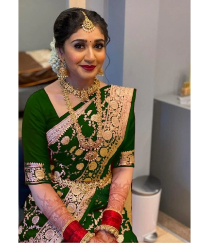 Women's Litchi silk Printed Saree With Unstitched Blouse (Green)