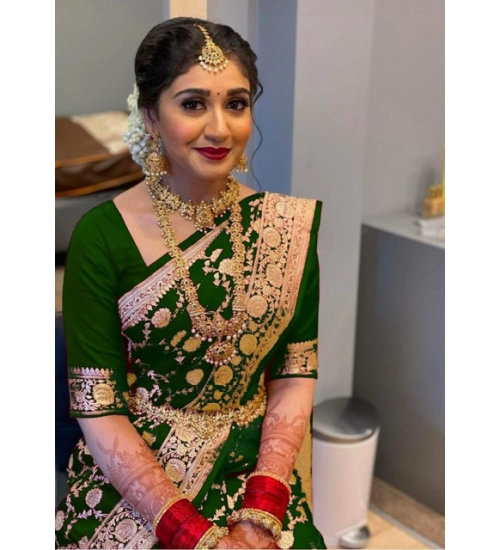 Women's Litchi silk Printed Saree With Unstitched Blouse (Green)