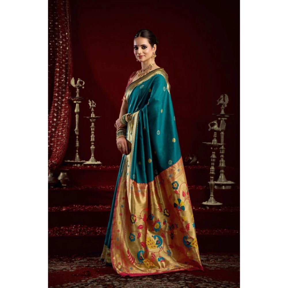 Women's Silk Blend Woven Saree With Unstitched Blouse 5.5 Mtr (Teal)