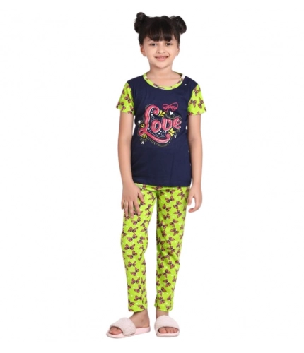 Girl's Cotton Hosiery Printed Night Suit Set (Navy-Green)