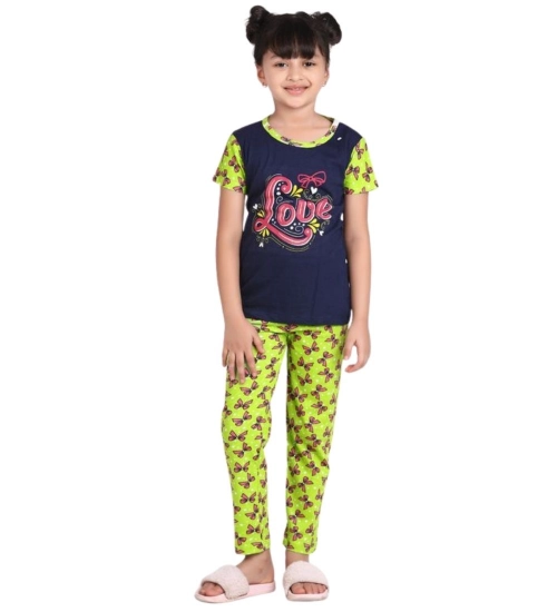Girl's Cotton Hosiery Printed Night Suit Set (Navy-Green) Girl's Cotton Hosiery Printed Night Suit Set (Navy-Green)