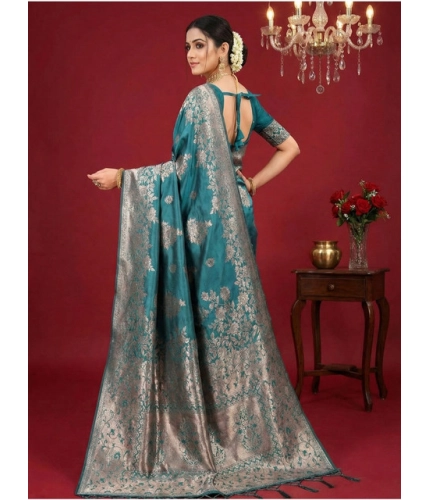 Women's Silk Blend Printed Saree With Unstitched Blouse 5.5Mtr (Sea Green)